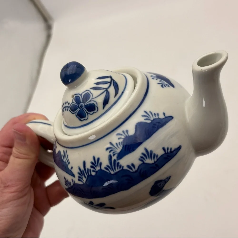 Vintage Blue and White Chinoiserie Ceramic Teapot with Ducks on Pond